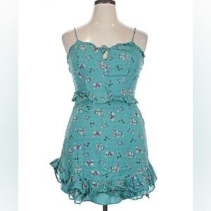 City Triangles Teal Spaghetti Strap Dress with Floral Accents